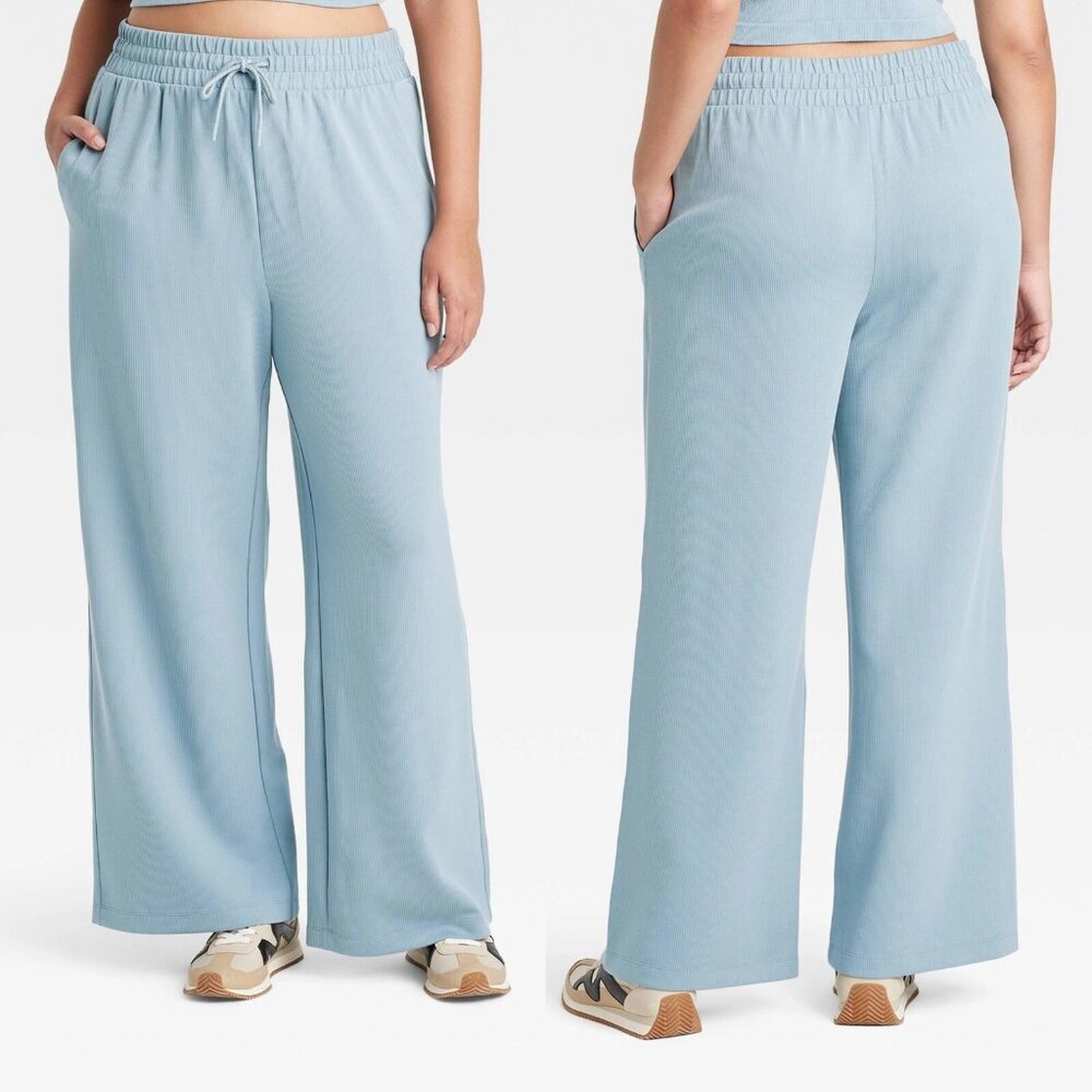 XL - Womens Airy Sleek Ribbed High Rise Wide Leg Pants - AIM - Steel Blue